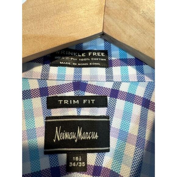 Neiman Marcus Mens Large Blue Plaid Trim Fit Cotton Button Up Shirt 16.5 34/35 - Picture 3 of 14